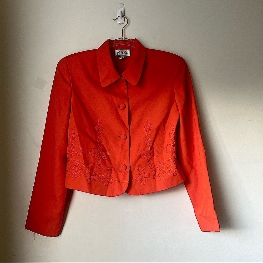 Vintage 90s Kathy Che Bright Orange Embroidered Cropped Jacket 6